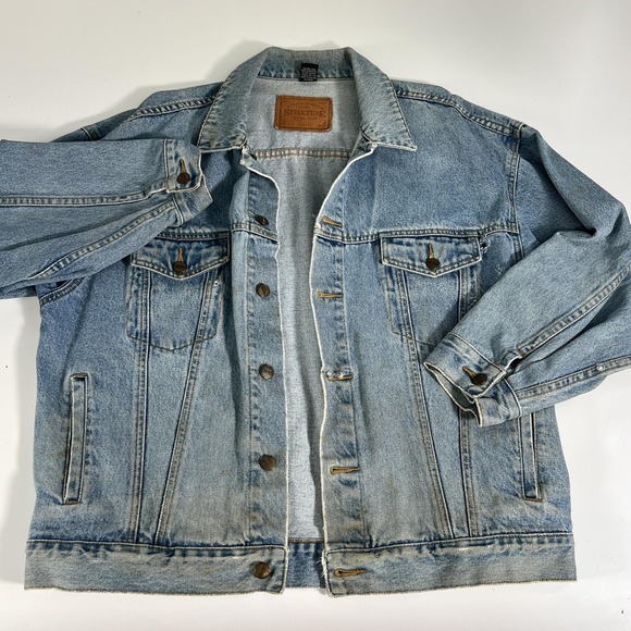 Structure Jackets & Blazers - Vintage‎ Structure Distressed Jean Jacket Mens L Blue Denim Trucker Western 90s